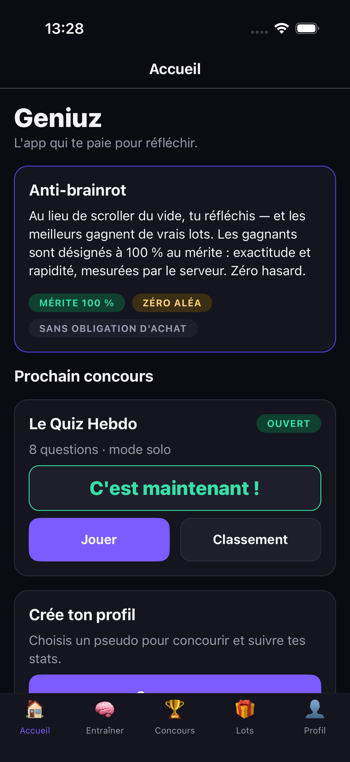 Écran d'accueil Winova : le prochain concours et la promesse anti-brainrot